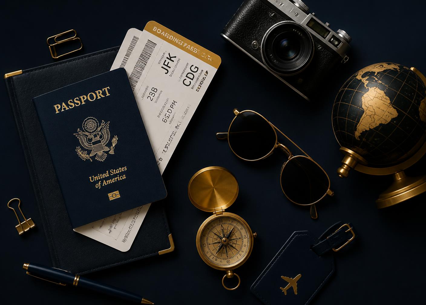 Passport, boarding passes and compass laid out for a trip